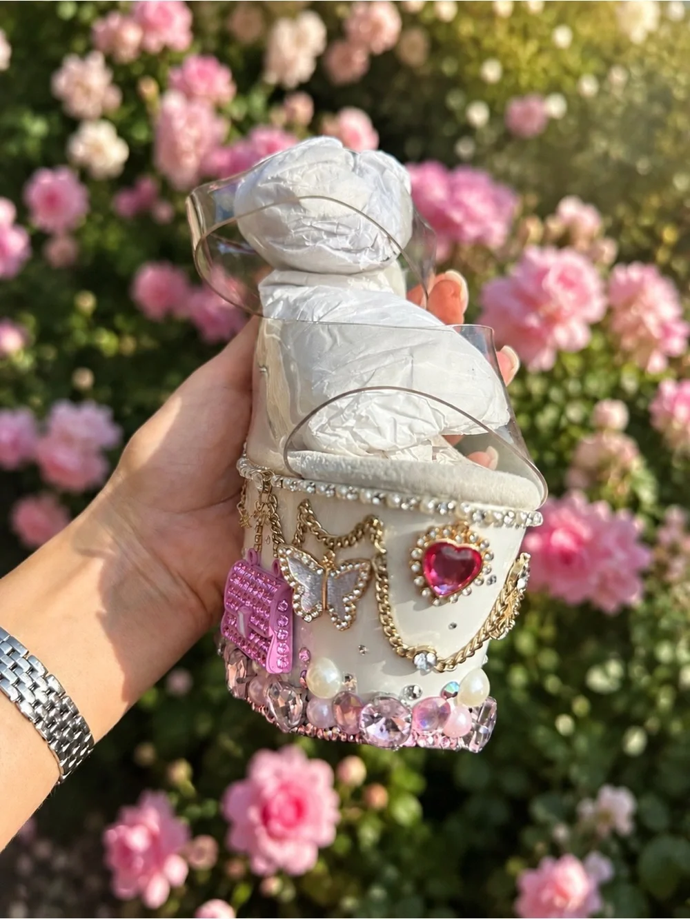 White Jeweled Platform Heels with Pink Crystal Accents